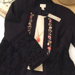 NWT Chico’s Embroidered Open Front Jacket